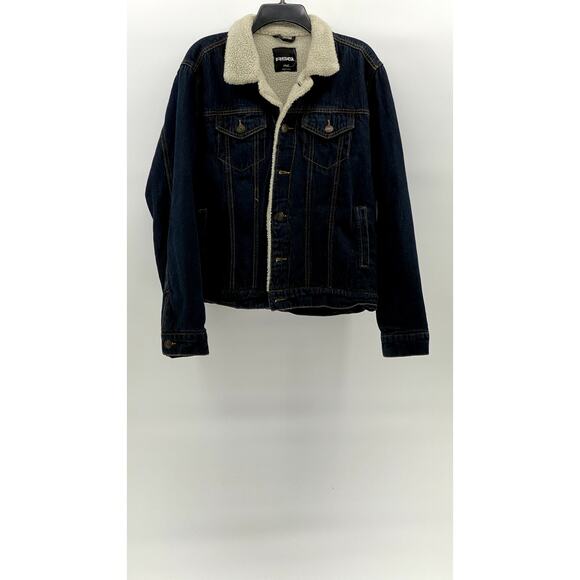 RSQ Men's Dark Blue Denim Button-Up Long Sleeve Sherpa Lined Jean Jacket SZ S - Picture 1 of 11